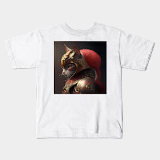 Samurai Cat Wearing Red and Gold Armor Kids T-Shirt